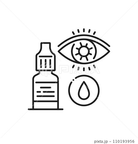 Eye drops line icon of pharmacy medicine and medical treatment, outline vector. Eye drops bottle for ophthalmology and vision healthcare, artificial teardrops or contact lens lubricant of eye drops Eye drops line icon of pharmacy medicine and medical treatment, outline vector. Eye drops bottle for ophthalmology and vision healthcare, artificial teardrops or contact lens lubricant of eye drops 110193956