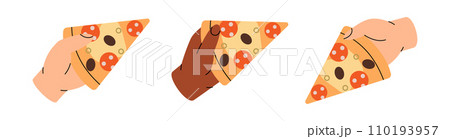 Hands holding a pizza slices. Traditional italian fast food. Italian cuisine, traditional food. Vector illustration. Hands holding a pizza slices. Traditional italian fast food. Italian cuisine, traditional food. Vector illustration. 110193957