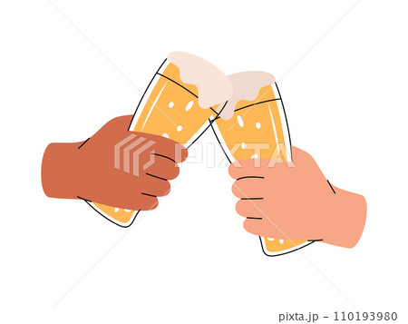 Hands holding beer mugs. Beer pub product, cheers. Brewing process, brewery factory production. Vector illustration. 110193980