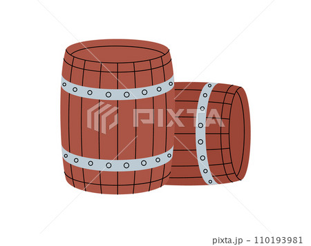 Wooden barrels. Beer old cask. Brewing process, brewery factory production element. Vector illustration. 110193981