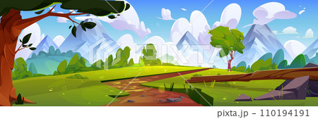 Winding path in meadows leading to mountains 110194191