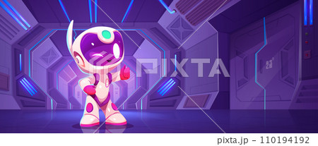 Cute robot astronaut standing in space ship hall 110194192