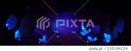 Dark cave with blue shining gem crystal clusters Dark cave with blue shining gem crystal clusters 110194224