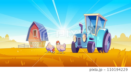 Cartoon farm landscape with red wooden barn Cartoon farm landscape with red wooden barn 110194229