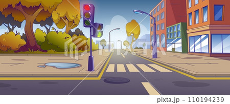 Autumn city street with road crossing and park 110194239