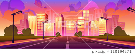 Modern city highway in lights of morning sunrise Modern city highway in lights of morning sunrise 110194271