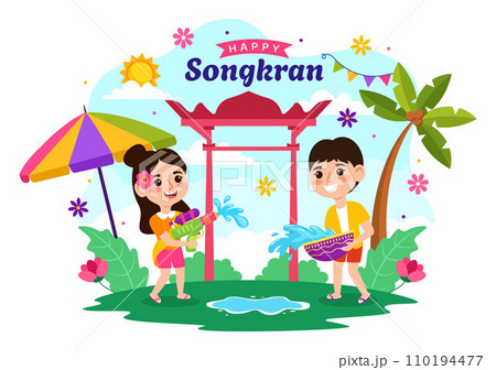 Happy Songkran Festival Day Vector Illustration with Kids Playing Water Gun in Thailand Celebration in National Holiday Flat Cartoon Background 110194477