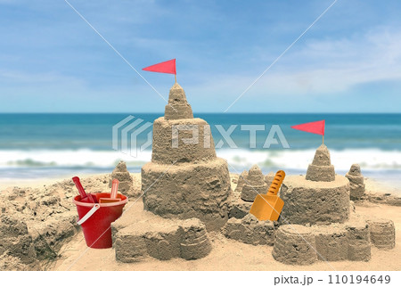Sand Castle by the beach under cloudy sky 110194649