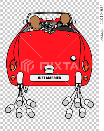赤いオープンカーでハネムーンに出かける新婚カップル 110194684