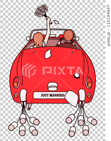 赤いオープンカーでハネムーンに出かける新婚カップル 110194687