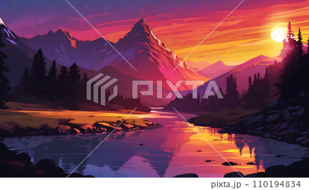 Beautiful mountain landscape with a lake and mountains at sunset. Generative AI 110194834