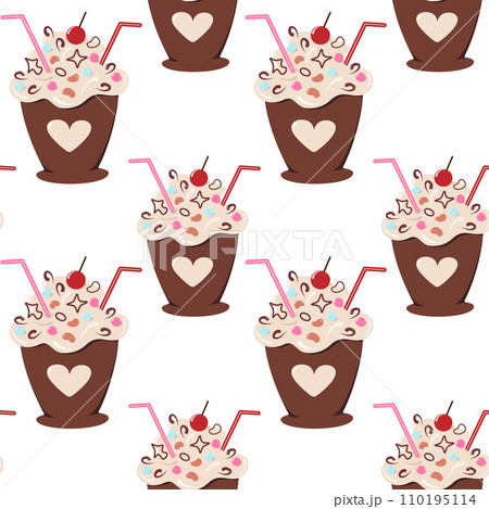 Seamless pattern of dessert in a cup with cocktail straw decoration and cream in trendy soft shades 110195114