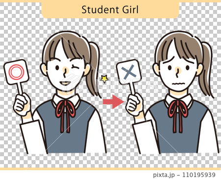 帶有圓形和交叉選項卡的女學生插畫素材 110195939