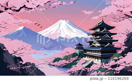 Mt. Fuji and cherry blossom in Japan, vector illustration. Generative AI 110196269