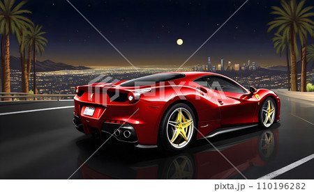 Powerful red sports car speeding through palm trees at night. Generative AI 110196282