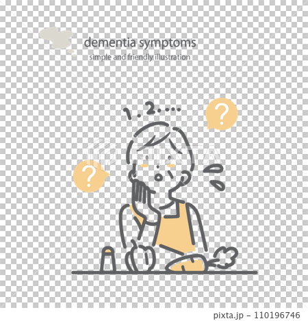 A senior woman with dementia who can't remember the steps to cook. Symptoms of dementia. Simple and stylish line drawing illustration. 110196746
