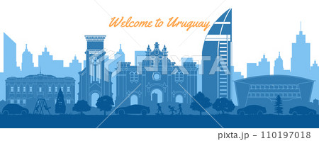 Uruguay famous landmarks in situation of downtown by silhouette style 110197018