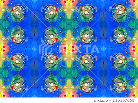 An abstract drawing created by combining many drawings in a photo editor. Collage of drawings of air bubbles on a blue background. 110197059