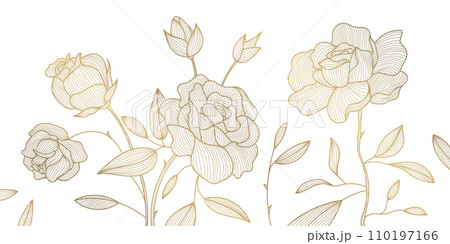 Vector gold line flower pattern, luxury art background. Leaves and roses abstract wallpaper, texture plant ornament, wedding illustration Vector gold line flower pattern, luxury art background. Leaves and roses abstract wallpaper, texture plant ornament, wedding illustration 110197166