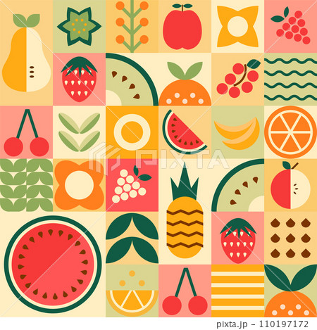 Geometry mosaic fruit pattern. Vector abstract minimal summer fruits and berries seamless background 110197172