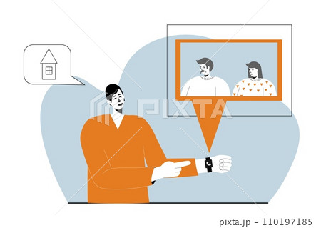 A young sick man talks to a projection of a parents that appears from a bracelet on a video call. 110197185