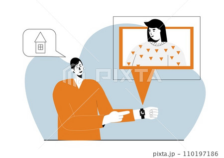 A young man talks to a projection of a person that appears from a bracelet on a video call. 110197186