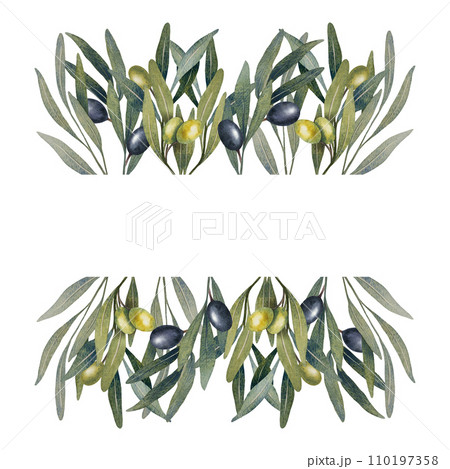 Frame with watercolor olive tree branch with leaves and olives fruit with space for text isolated on white. Hand painted floral illustration for wedding stationary, greetings, cards, tableware design 110197358