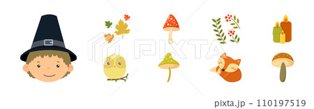 Happy Autumn Thanksgiving Day Object and Element Vector Set 110197519