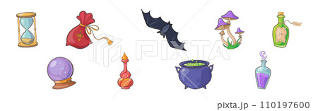 Magic Object and Element with Hourglass, Sack, Bat, Mushroom, Cauldron, Potion Jar and Crystal Ball Vector Set Magic Object and Element with Hourglass, Sack, Bat, Mushroom, Cauldron, Potion Jar and Crystal Ball Vector Set 110197600