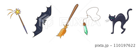 Magic Object and Element with Broom, Bat, Cat, Wand and Crystal Vector Set Magic Object and Element with Broom, Bat, Cat, Wand and Crystal Vector Set 110197622