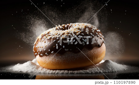 Super delicious donut powdered with sugar on dark background. Generative AI 110197890