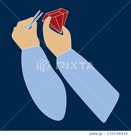 Flat jeweler hands Holding Tweezers and Big Ruby Gemstone. Red Brilliant icon. Jeweler profession. Jeweler day card. Vector Cartoon illustration isolated on white. Jewelry making concept. 110198438