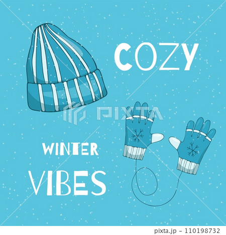 Hand drawn illustration with winter gloves and hat saying hello, Winter. Vector illustration for postcards, posters and other Hand drawn illustration with winter gloves and hat saying hello, Winter. Vector illustration for postcards, posters and other 110198732