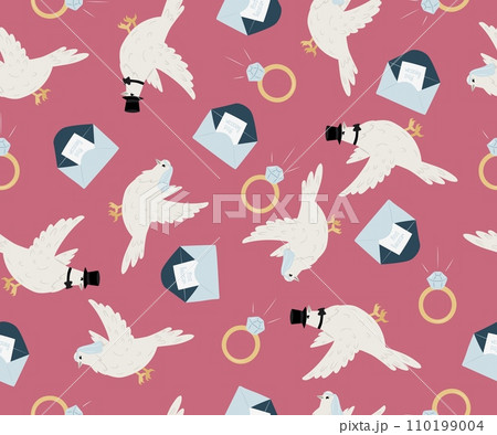 Wedding seamless pattern with doves, wedding rings, invitation envelopes. 110199004