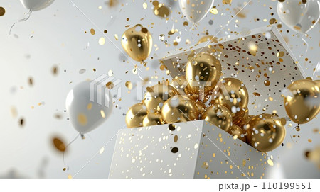 golden balloons fly out of a magical open 3d box golden balloons fly out of a magical open 3d box 110199551