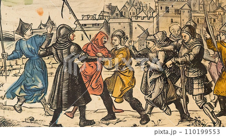 Medieval style illustration of the battle scene. Medieval style illustration of the battle scene. 110199553