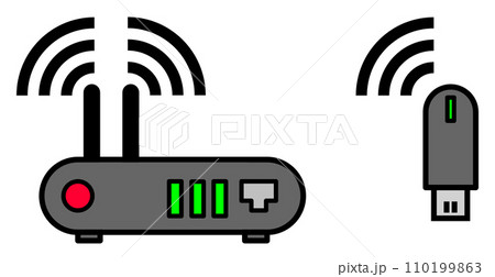 パソコンをインターネットに無線で接続して通信するWIFIルーターのイラスト 110199863