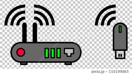 パソコンをインターネットに無線で接続して通信するWIFIルーターのイラスト 110199863
