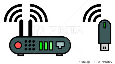 パソコンをインターネットに無線で接続して通信するWIFIルーターのイラスト 110199865