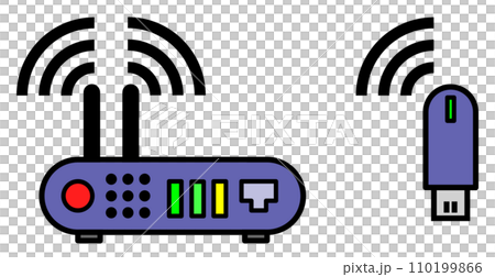 Illustration of a WIFI router that wirelessly connects a computer to the Internet for communication 110199866