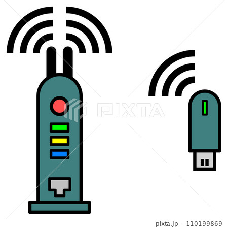 パソコンをインターネットに無線で接続して通信するWIFIルーターのイラスト 110199869