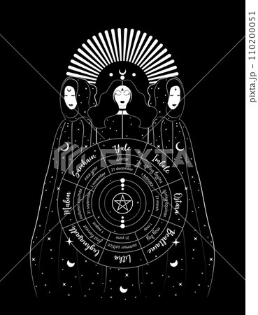 Mystical triple goddess, priestesses in wheel of the Year is an annual cycle of seasonal festivals. Wiccan calendar and holidays. Gothic Witch wiccan female sacred design. Vector isolated on black Mystical triple goddess, priestesses in wheel of the Year is an annual cycle of seasonal festivals. Wiccan calendar and holidays. Gothic Witch wiccan female sacred design. Vector isolated on black 110200051