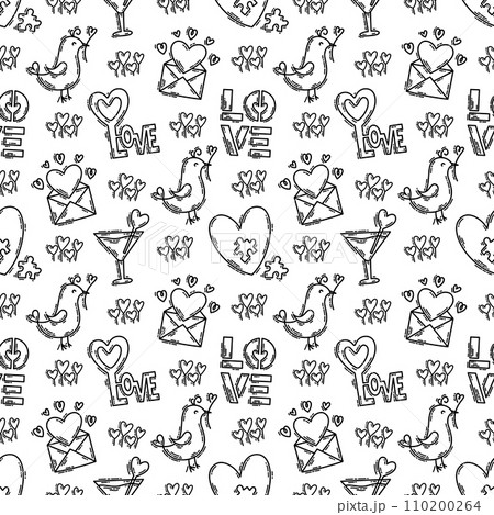 The love theme doodle style seamless pattern in black and white 110200264