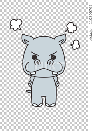 Illustration of a cute hippo angry with his hands on his hips, whole body, white background, vector, clip art, with main line 110200763