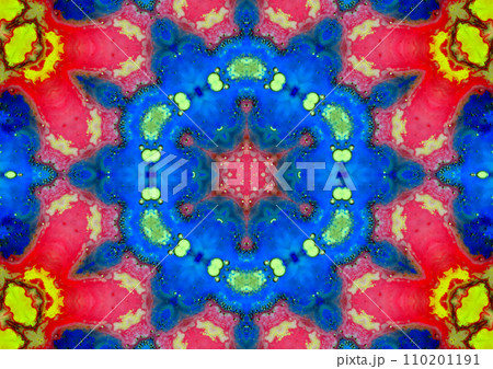 Abstract drawing of a star-like figure in blue with a red star in the center and on a red background. 110201191