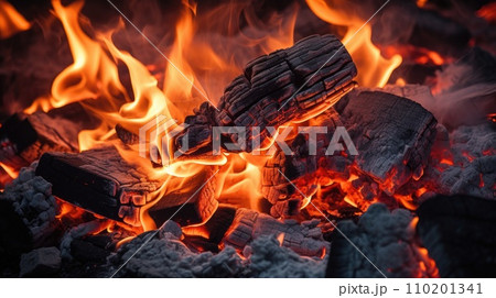 Burning firewood and coals of a fire close up 110201341