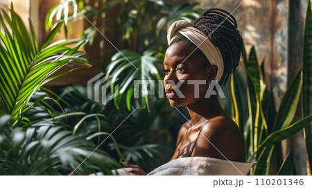 woman in a room with tropical green plants 110201346