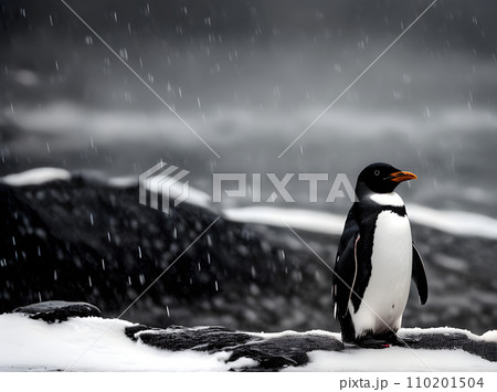 Detailed noir penguin in Antarctic rain high 110201504