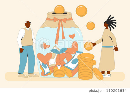 Donation concept. International charity day. Grandfather and granddaughter near glass jar money. Donation concept. International charity day. Grandfather and granddaughter near glass jar money. 110201654