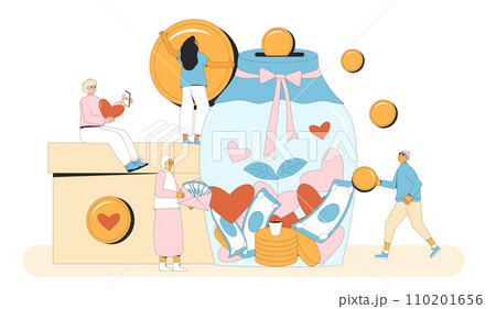 Volunteers group on charity event. Glass money jar, donation box with people giving donation. Volunteers group on charity event. Glass money jar, donation box with people giving donation. 110201656